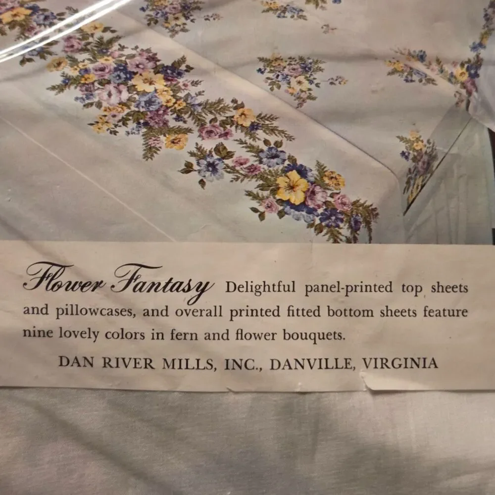 Vintage 1966 Dan River Flower Fantasy Full Fitted Sheet NOS Cotton Percale